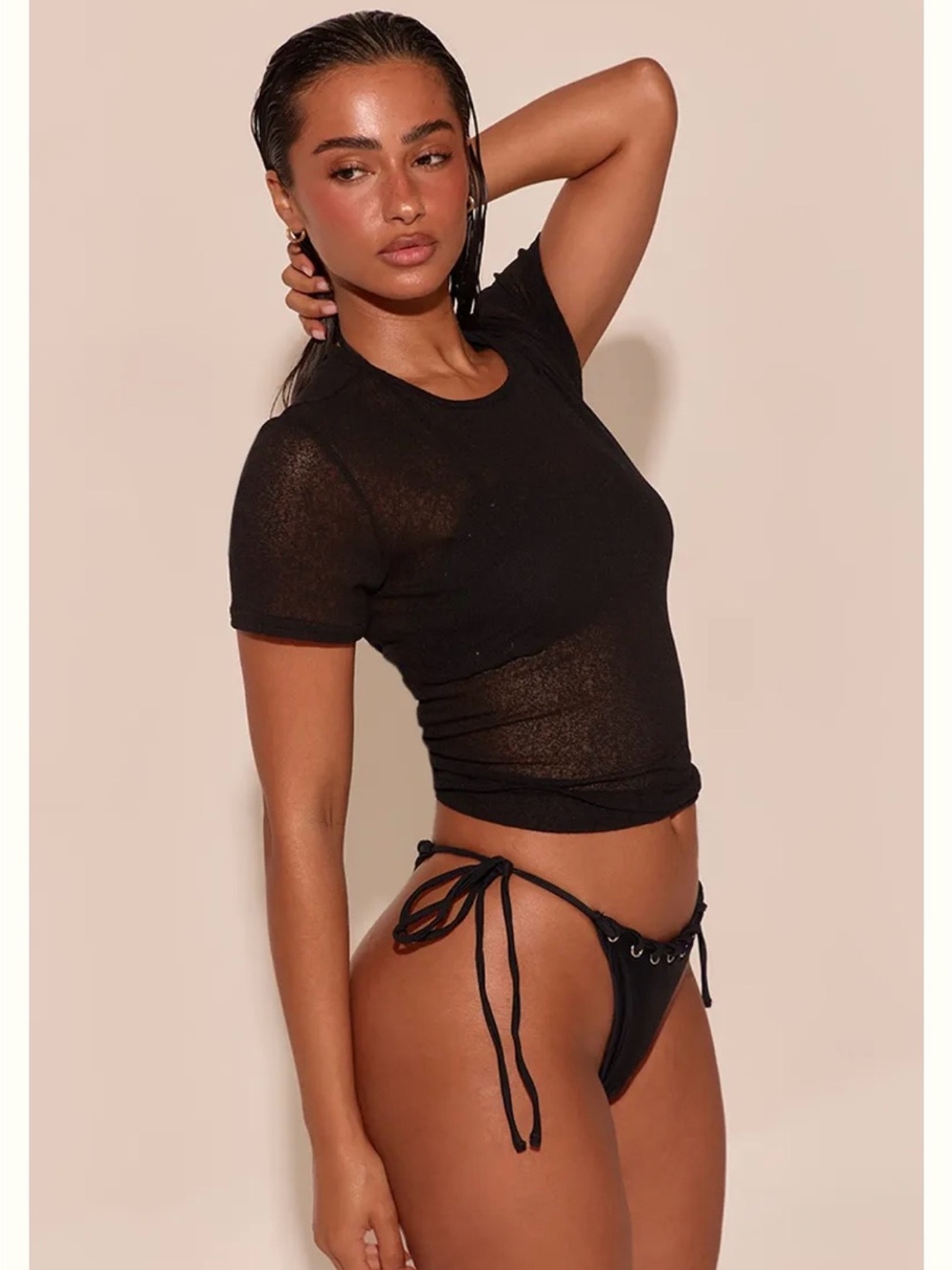 PrettyLittleThing Black Sheer Short Sleeve Swim Coverup Top